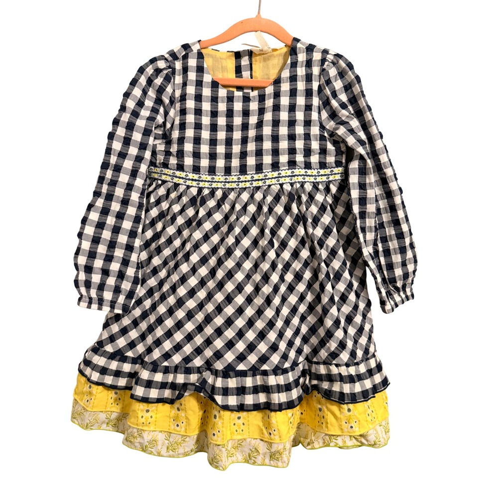 Matilda Jane Gingham Floral Tiered Dress Girls 6 Navy White Yellow Seersucker